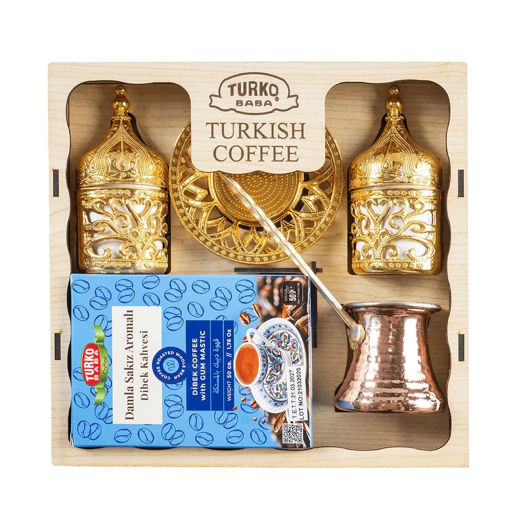 Lüx Bakır Cezveli Ahşap Kahve Seti